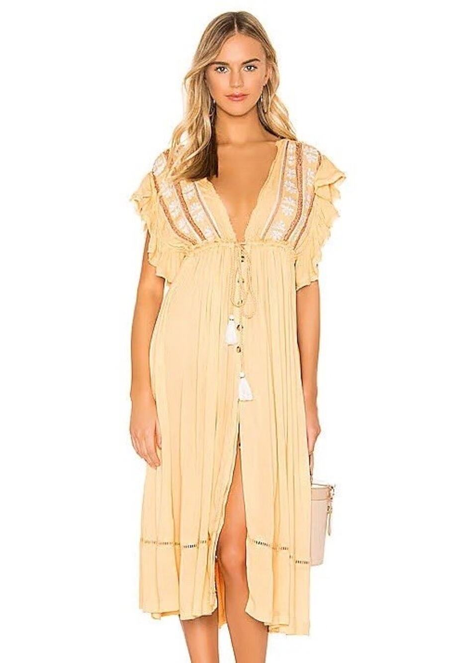 Free People Size M Will Wait for You Embroidered Peasant Boho Flowy Midi Dress